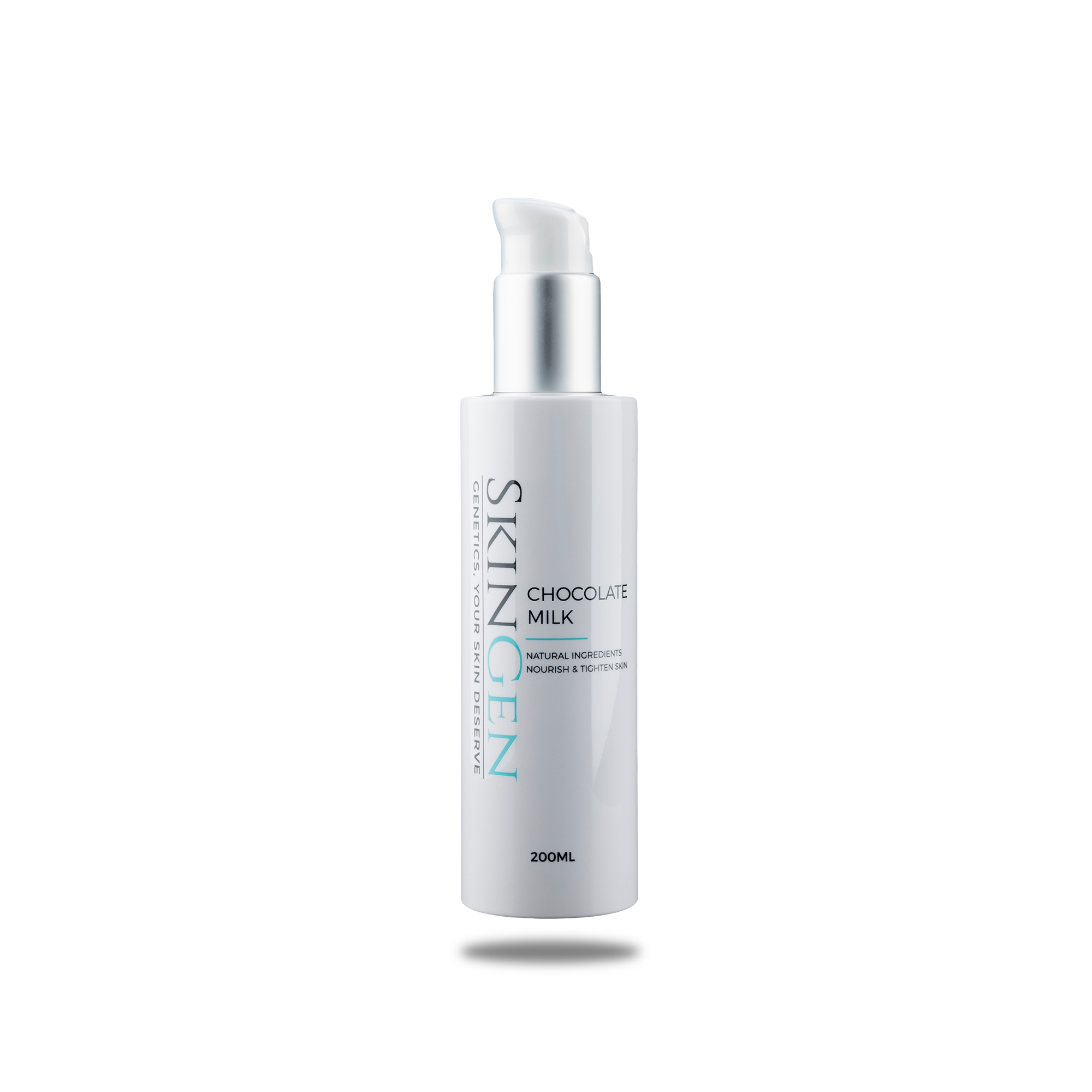 A white skincare bottle labeled 'Skin.ogen' with 'Chocolate Milk' and '200ML' text, placed next to a silver and white box against a black background.