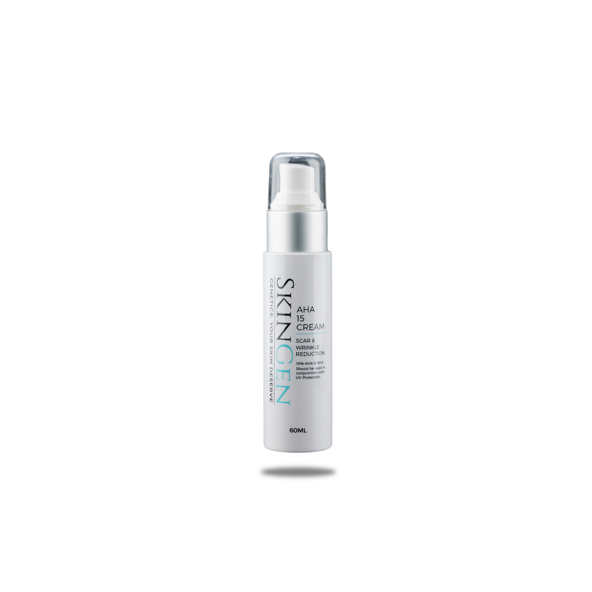 A white skincare cream bottle with a clear cap, labeled 'SkinGen AHA 15 Cream' for scar and wrinkle reduction, against a black background.