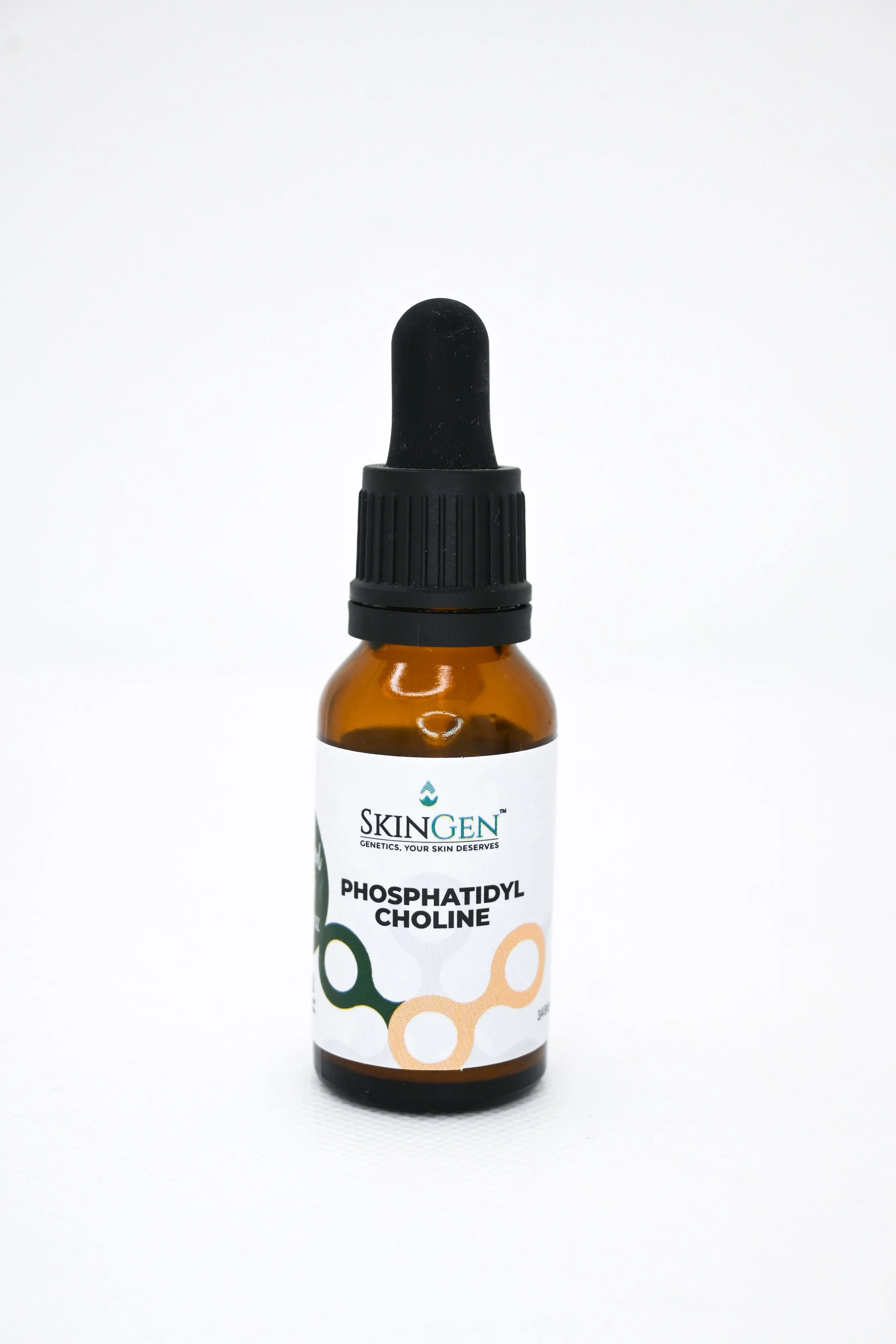 Bottle of SkinGen skincare serum labeled Phosphatidyl Choline with a dropper cap on a white background.
