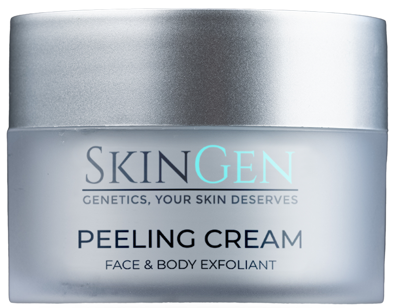 A jar of SkinGen Peeling Cream for face and body exfoliation.