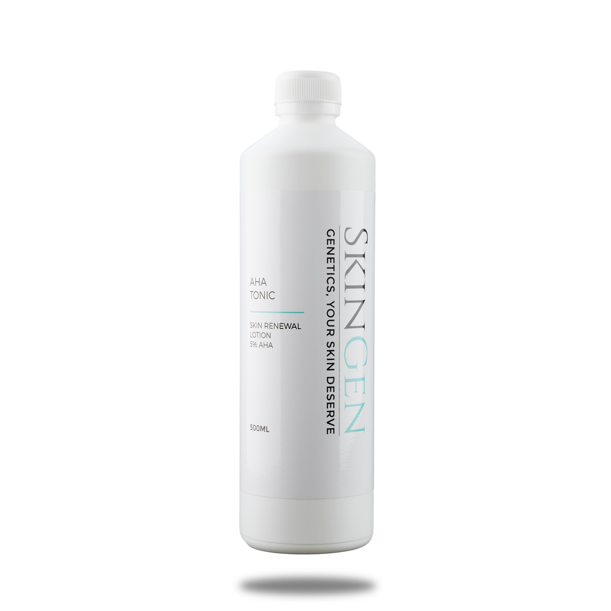 A white bottle of SKIN GEN skin renewal lotion with 5% AHA, labeled as 500ml, standing next to a reflective surface.