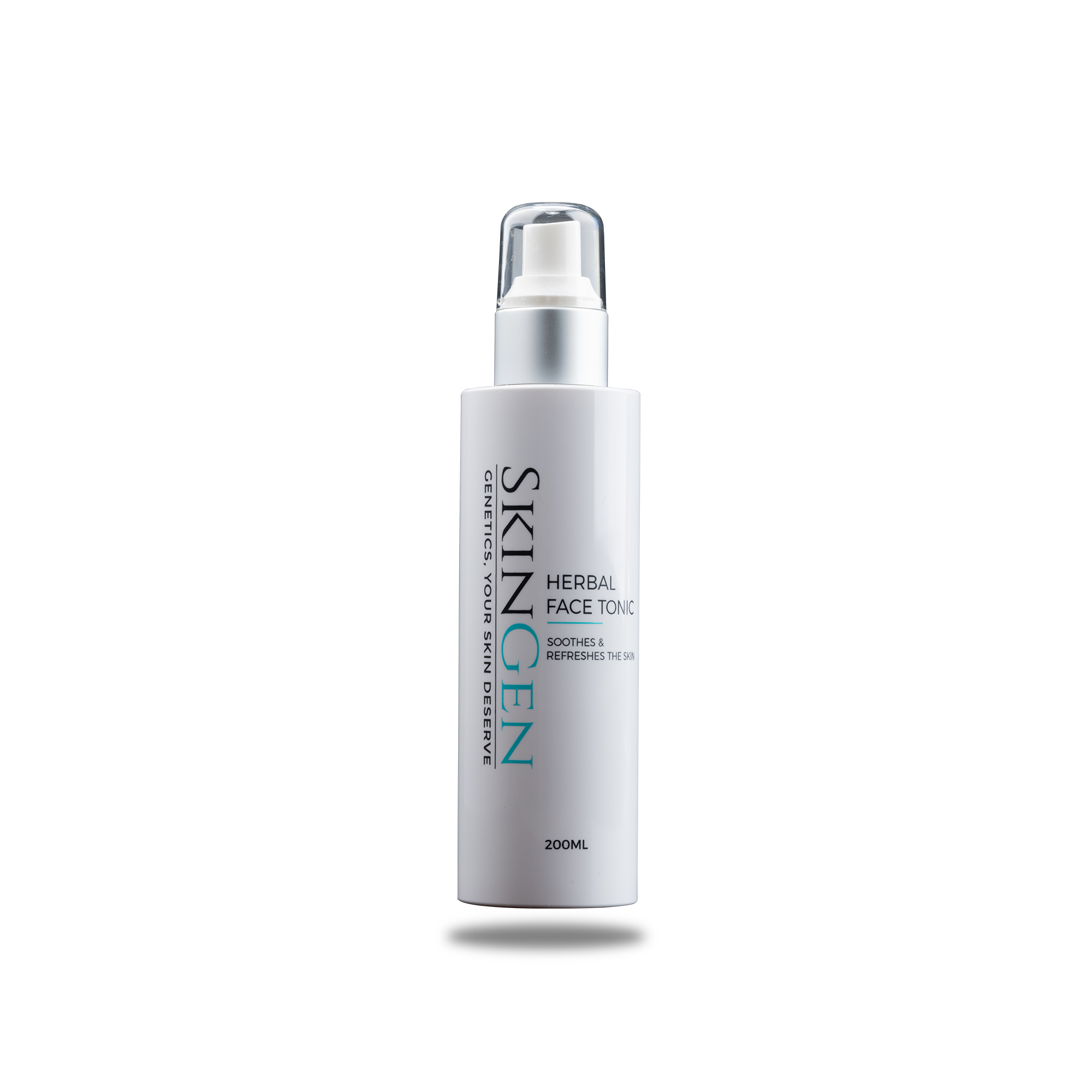 A white bottle of herbal face tonic with a spray cap, labeled 'SKIN GEN herbal face tonic' with additional text indicating it soothes and refreshes the skin, and contains 200ml.