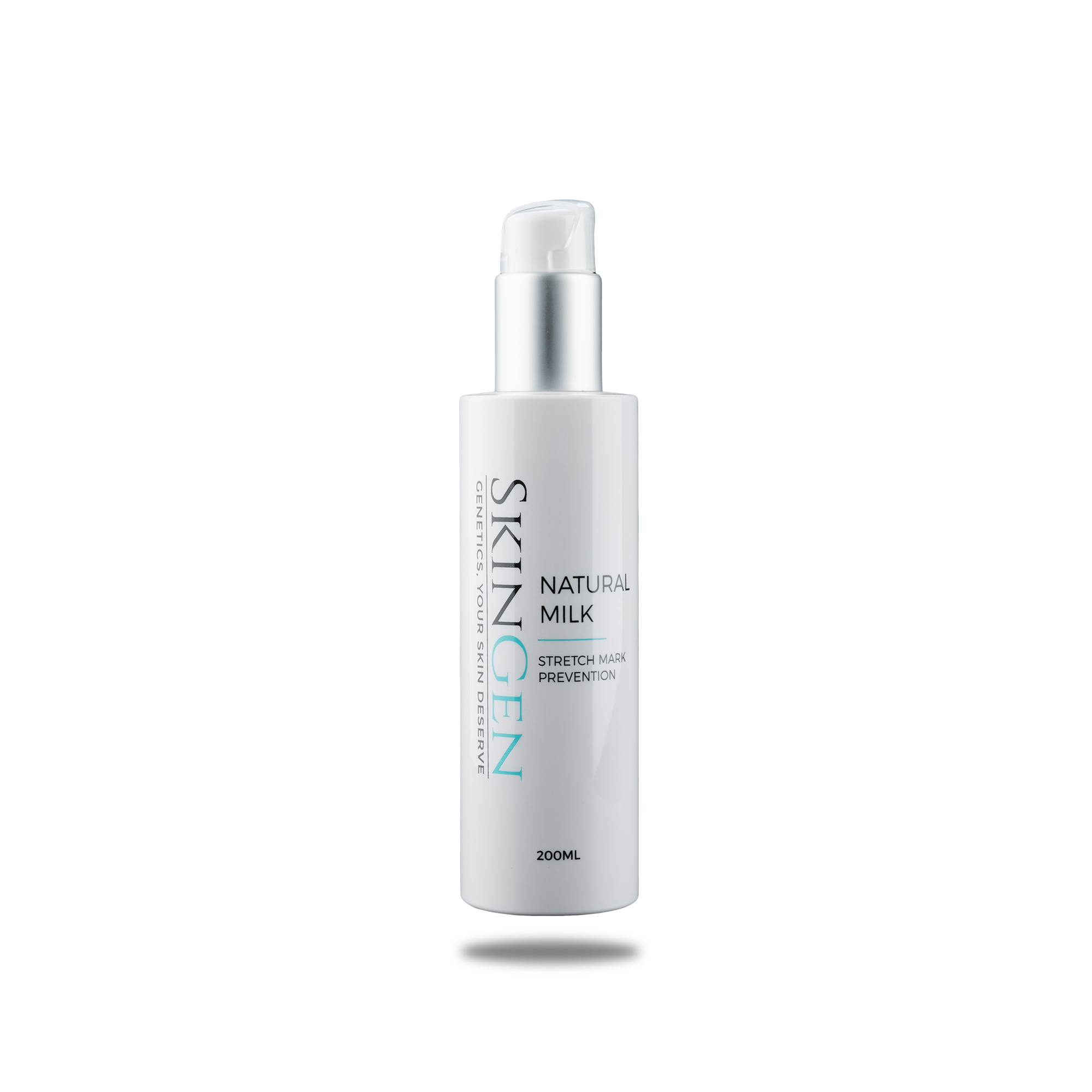 A white bottle of SkinGen Natural Milk with a pump dispenser, labeled for stretch mark prevention, set against a black background.