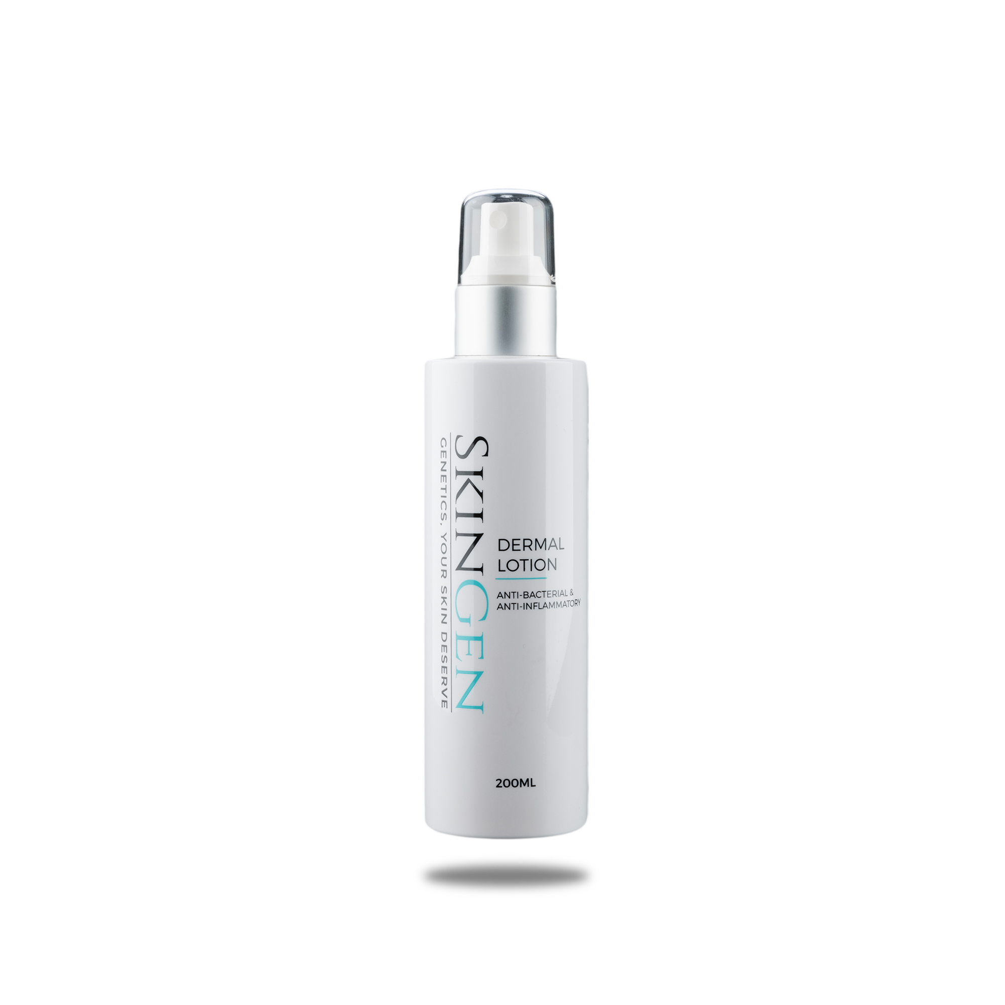 A white bottle of skin Dermal lotion with a pump dispenser, labeled 'SkinGen Dermal Lotion,' anti-bacterial and anti-inflammatory, 200ML, against a black background.