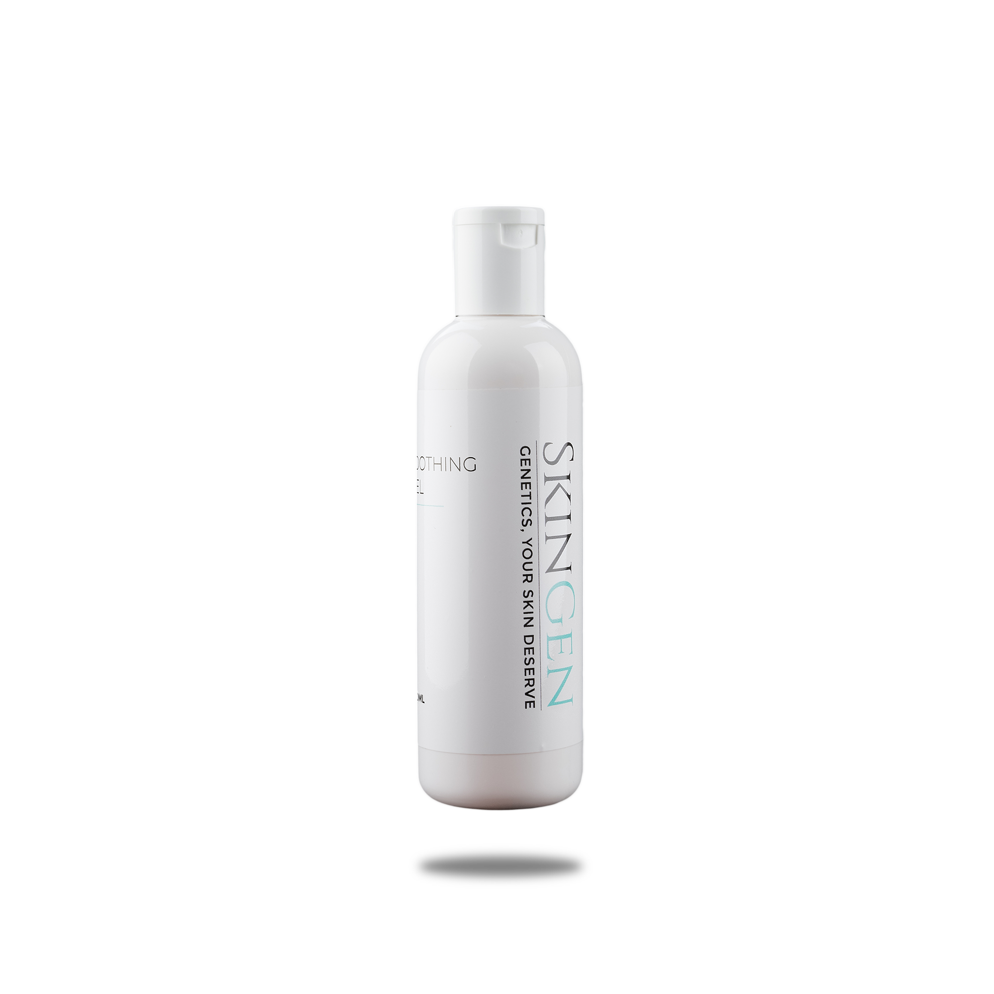 White bottle of skincare product labeled "SKIN GEN" with additional text "GENETICS, YOUR SKIN DESERVE" against a black background.