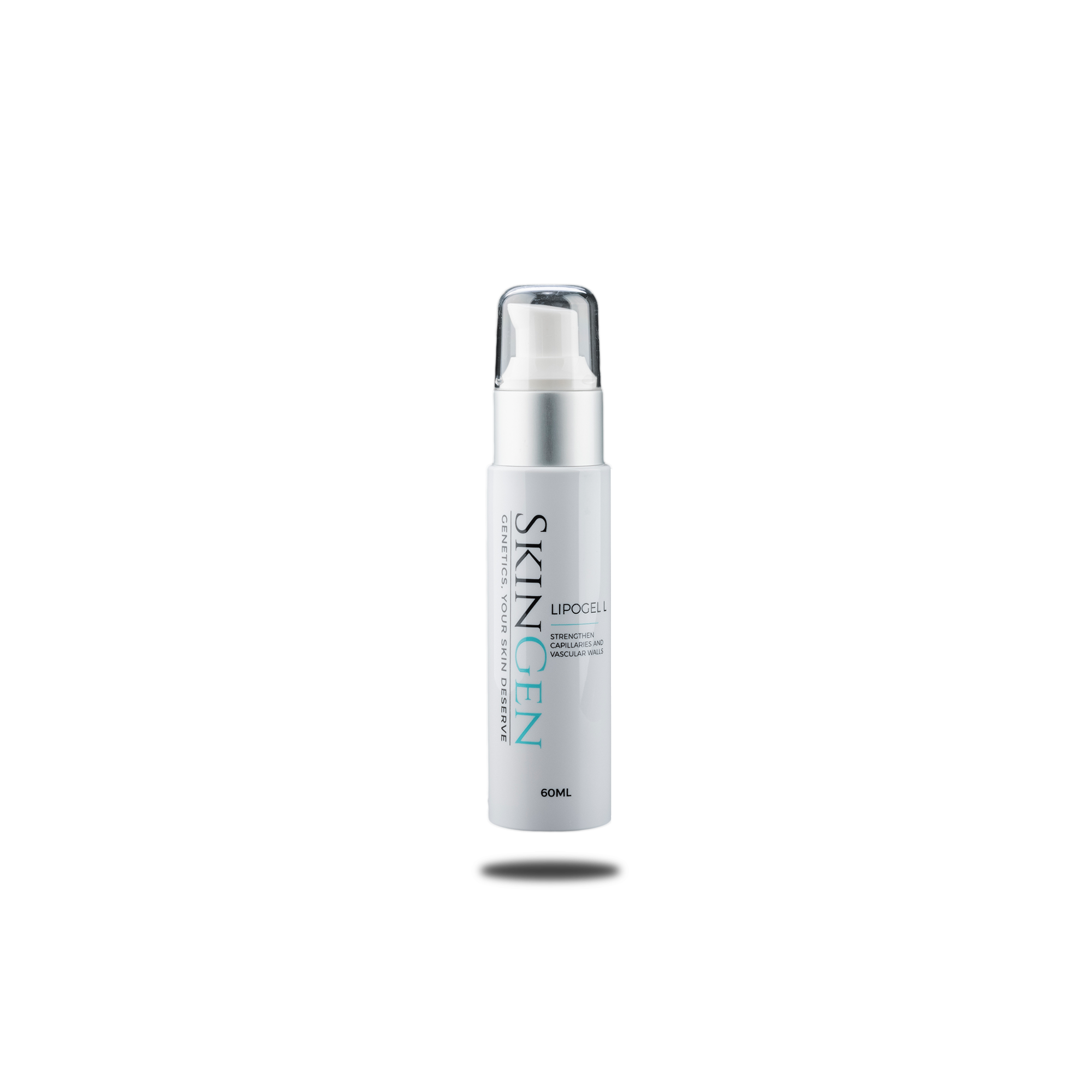 A white skincare pump bottle labeled 'Skin O Slen Lipogel' with a transparent cap, set against a black background.