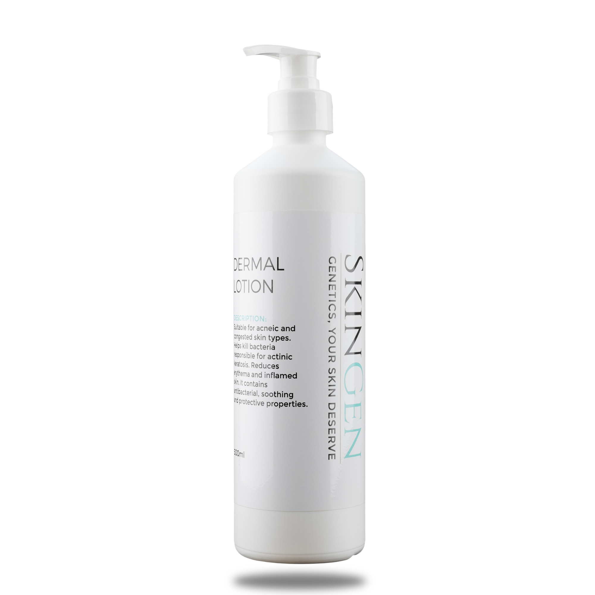 A white bottle of Skin Gen DERMAL LOTION with a pump dispenser. The label mentions it is suitable for acneic skin and helps kill bacteria.