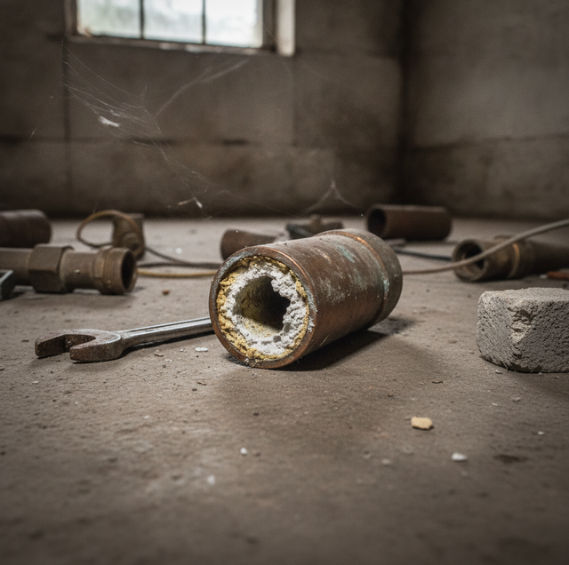 rusted plumbing pipe clogged with white mineral scale