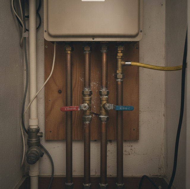 stainless tankless water heater mounted on wall