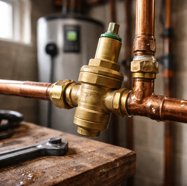 brass pressure regulator valve on residential water main