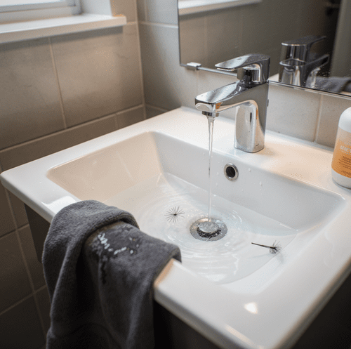 A round white sink with a chrome faucet on a bathroom counter next to a toothbrush.