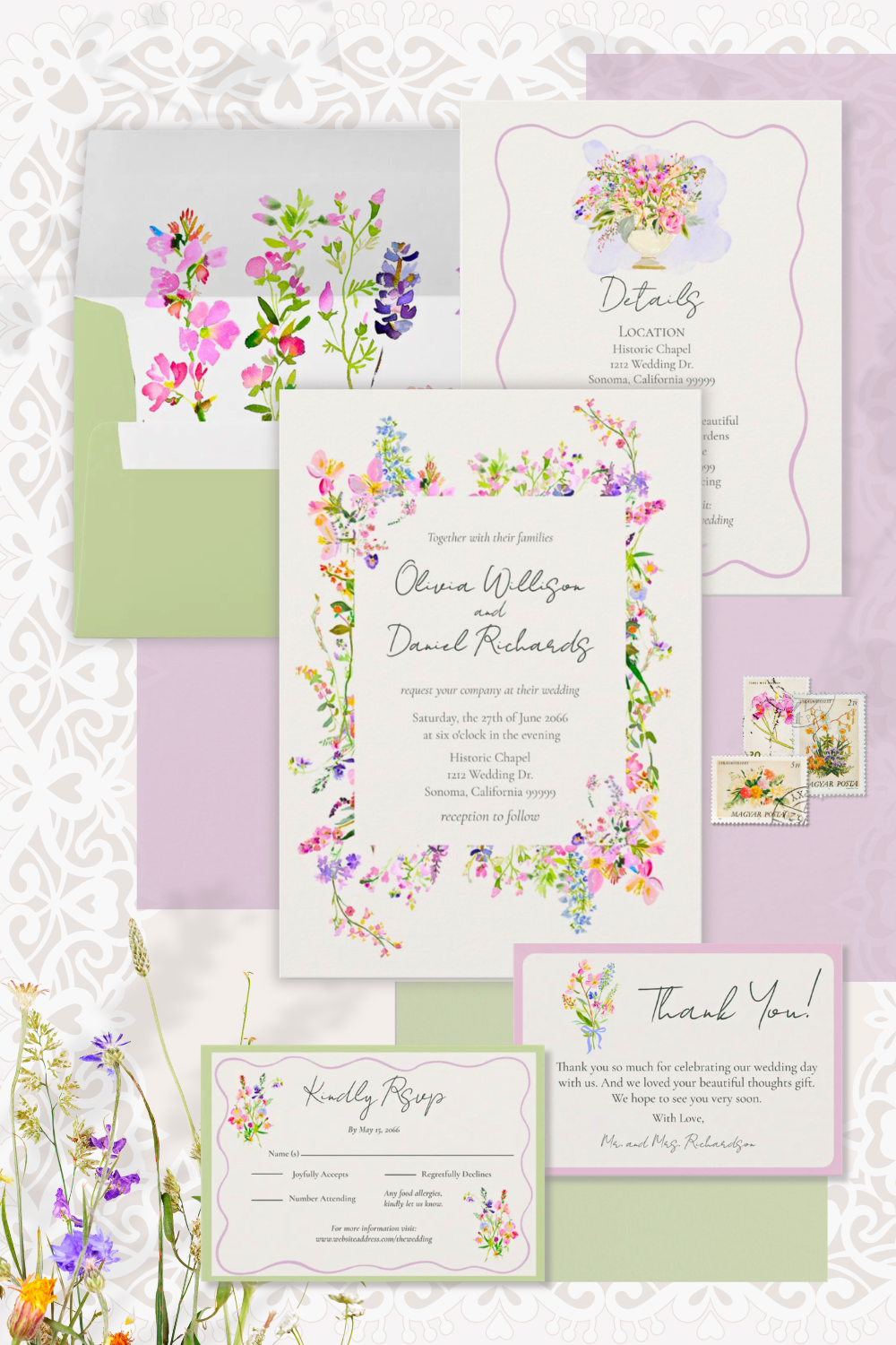 Garden Watercolor Wildflowers Wedding Invitation Suite