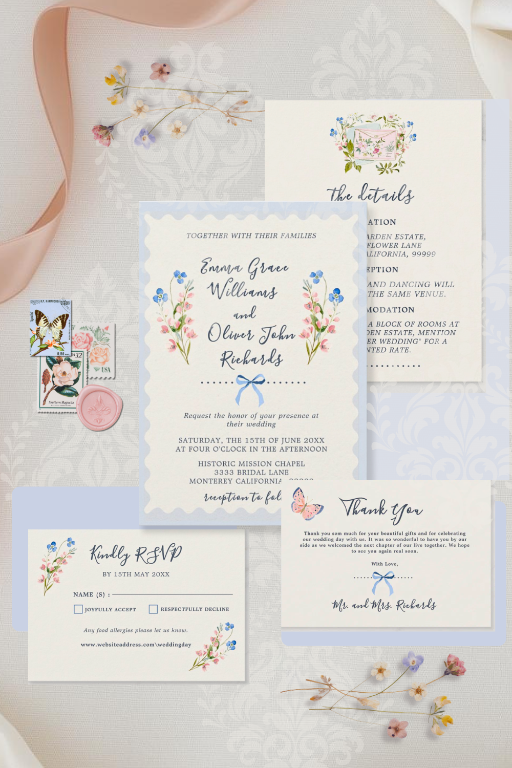Romantic Garden Blue Wildflower Wedding Invitation Suite