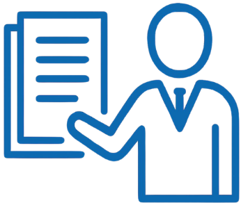 Icon of a person in a suit pointing at a document or presentation board.