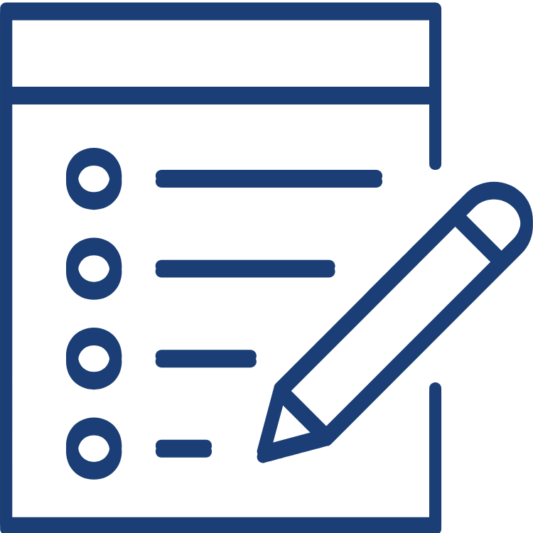 Outline icon of a checklist with five checkboxes and a pencil.