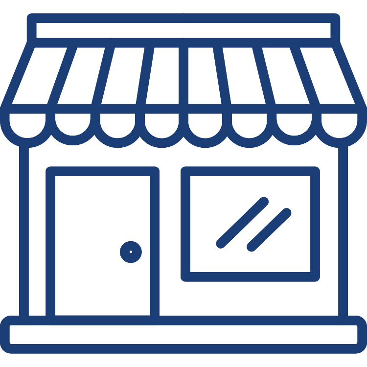 Outline drawing of a storefront with a awning over the entrance and a large window.
