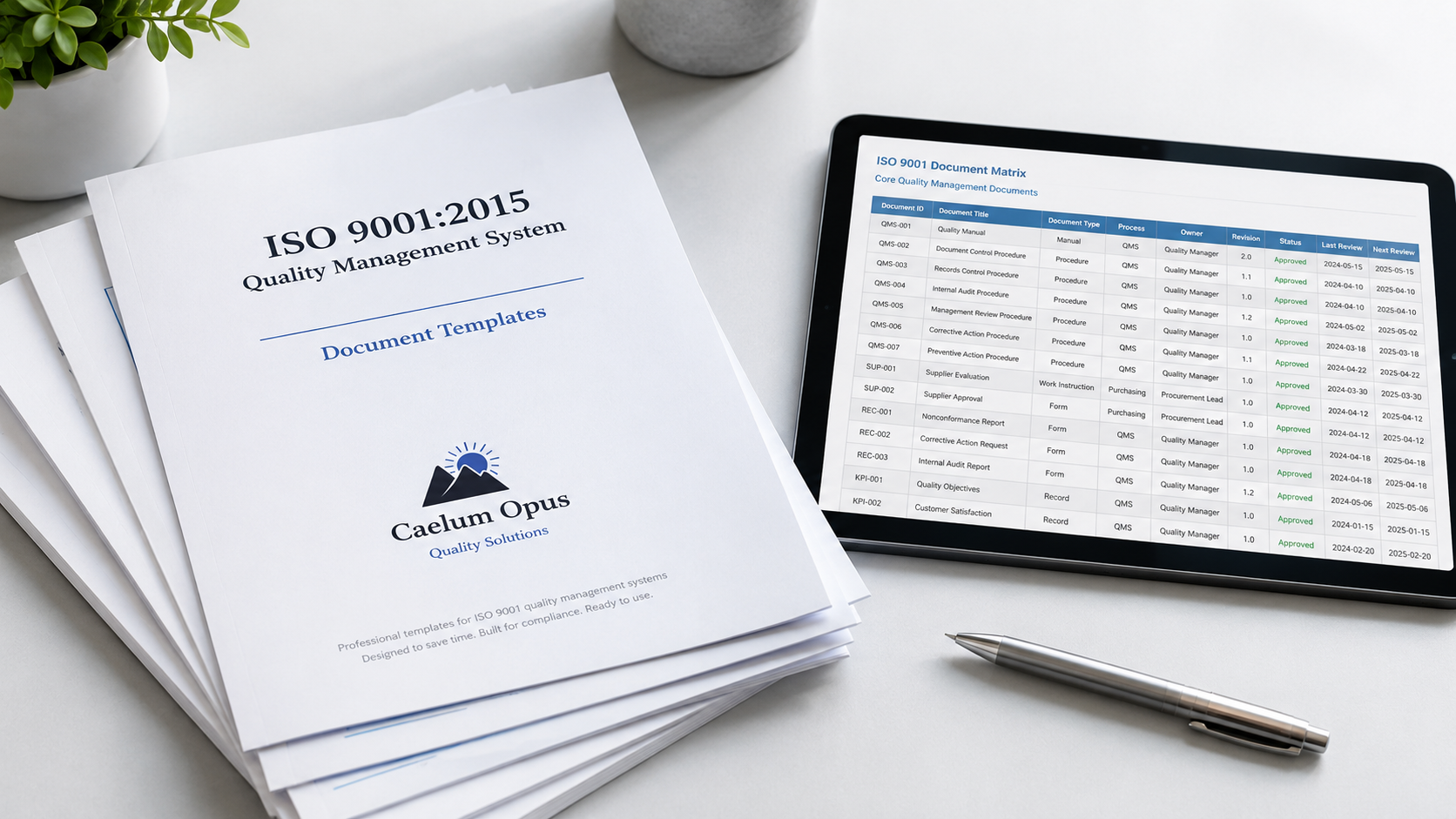 Stack of ISO 9001:2015 quality management system document templates next to a tablet displaying a document matrix and a silver pen on a white desk.