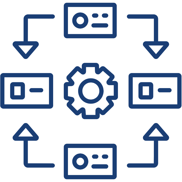 Diagram of a process flow with interconnected boxes and a central gear symbol, representing automation or system management.