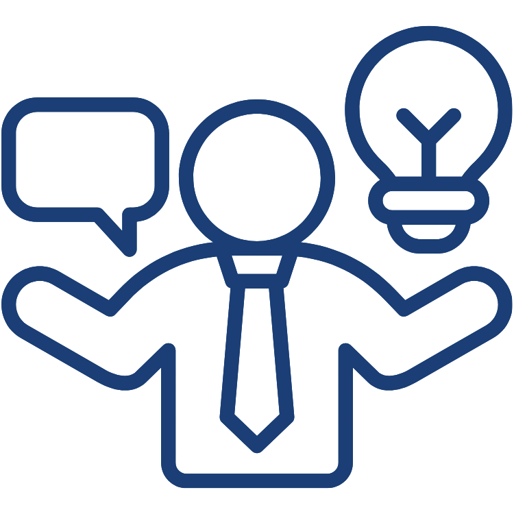 Outline of a person with a speech bubble and a light bulb above their hands, representing ideas and communication.