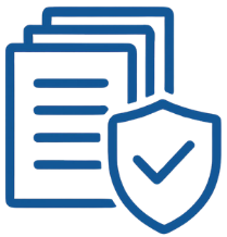 Icon of documents with a shield and checkmark, representing security or certification