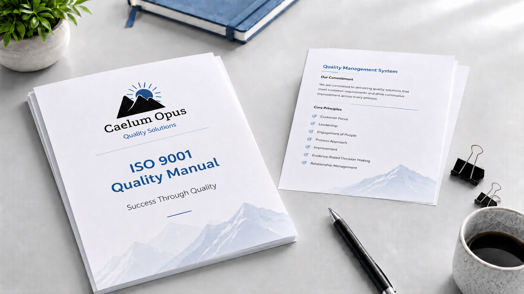 A desk with a booklet titled "ISO 9001 Quality Manual" and a document titled "Quality Management System." The desk has a cup of coffee, a pen, a blue notebook, black binder clips, and a potted plant.