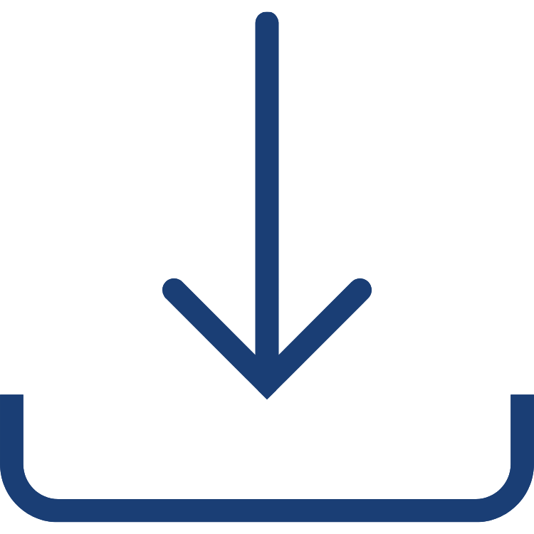 Icon of a downward arrow pointing into a box, representing download.