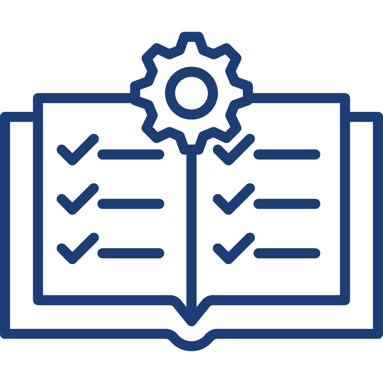 Open book with a gear icon above it, containing checkmarks on the pages, symbolizing a checklist or organized information.