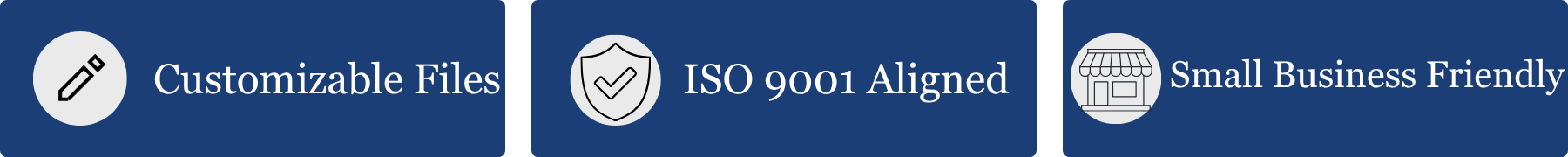Graphic with three icons and text highlighting features: a pencil icon with 'Customizable Files', a shield icon with 'ISO 9001 Aligned', and a storefront icon with 'Small Business Friendly'.