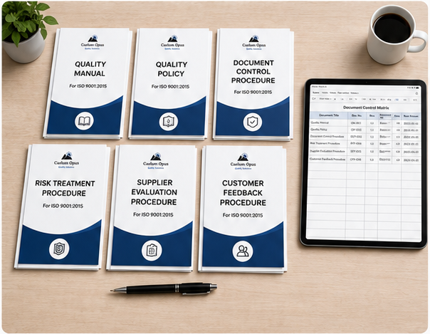 Six blue and white ISO 9001:2015 quality management system booklets, a tablet displaying a spreadsheet, a black pen, a white coffee mug filled with black coffee, and a small potted plant on a wooden desk.
