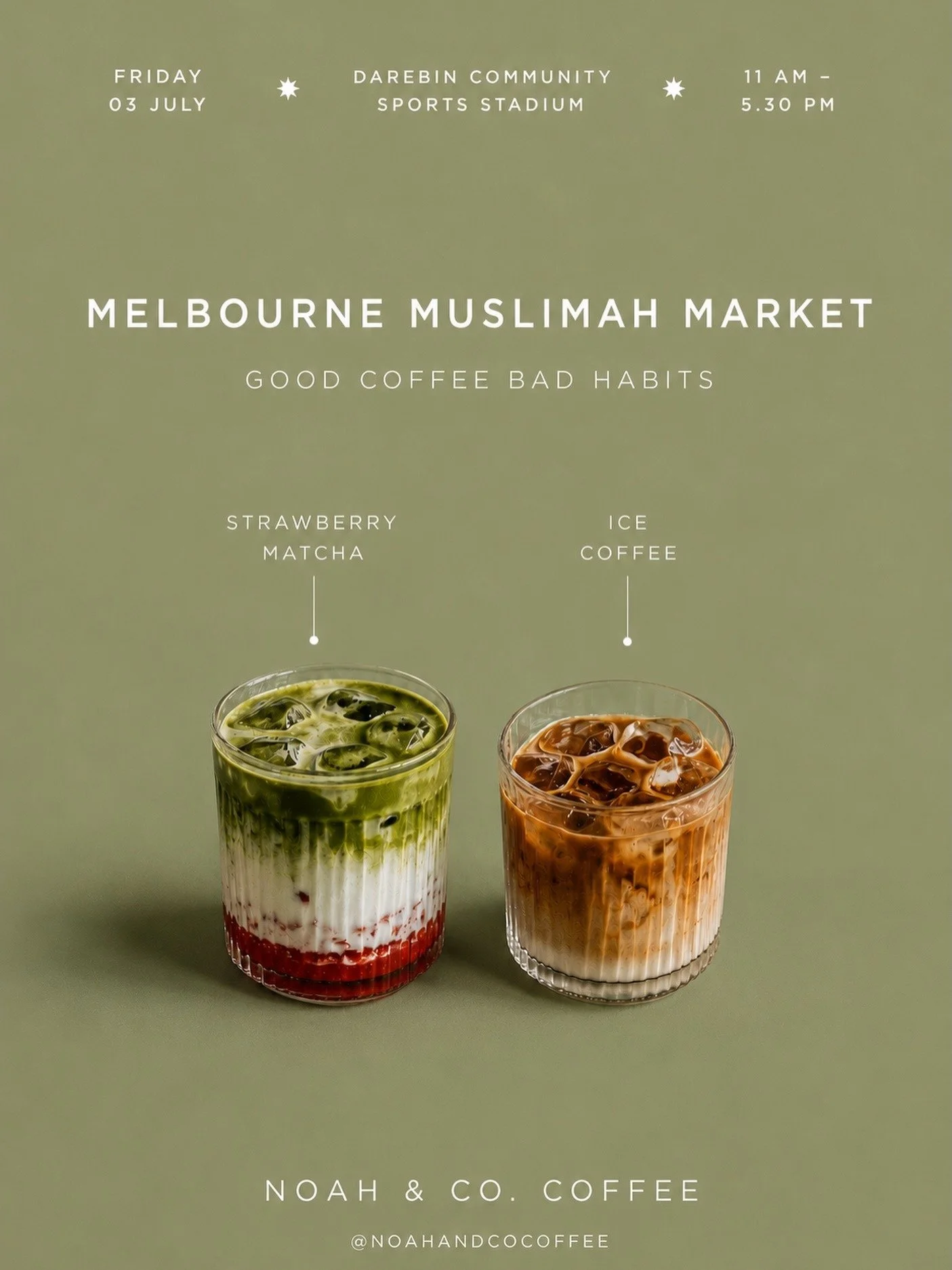 HAND WHISKED MATCHA ✨ ICE COFFEE

We&rsquo;ll be serving our signature Strawberry Matcha and Iced Coffee at the Melbourne Muslimah Market Friday 3 July / run by @sisterhood.sydney 

Come by for 🔥🔥🔥 drinks, good conversations, and your new favourit