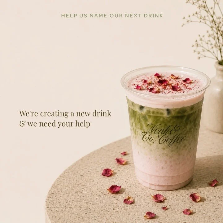 GIVEAWAY TIME 🤎✨

We&rsquo;re creating a brand new Noah &amp; Co. special and we need your help.

Meet our newest creation: Rosewater &amp; Strawberry Matcha, inspired by the Mediterranean and topped with cold foam and rose petals. 

The important q