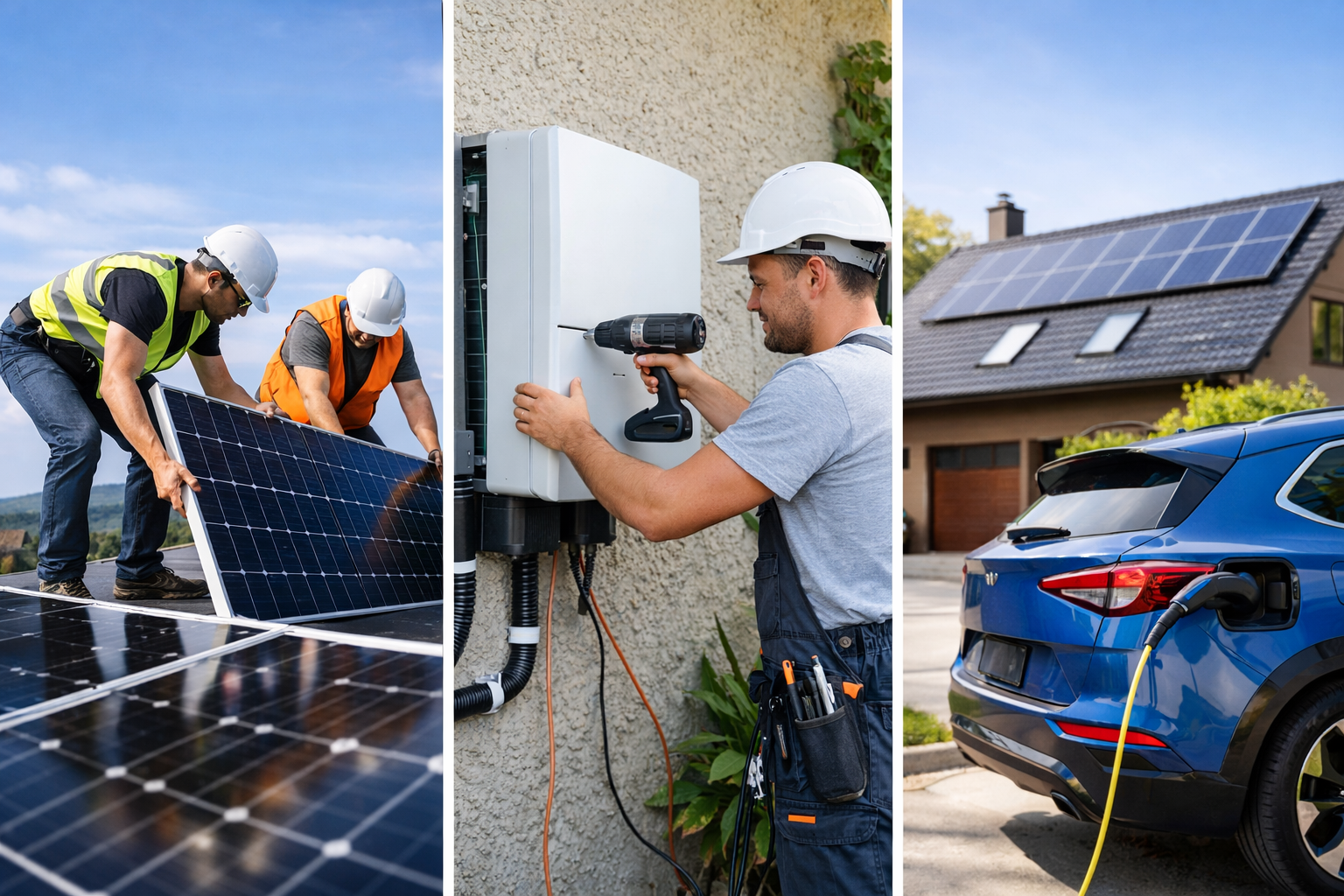 Three workers installing solar panels on a roof and an electric car charging at a home with solar panels on the roof.
