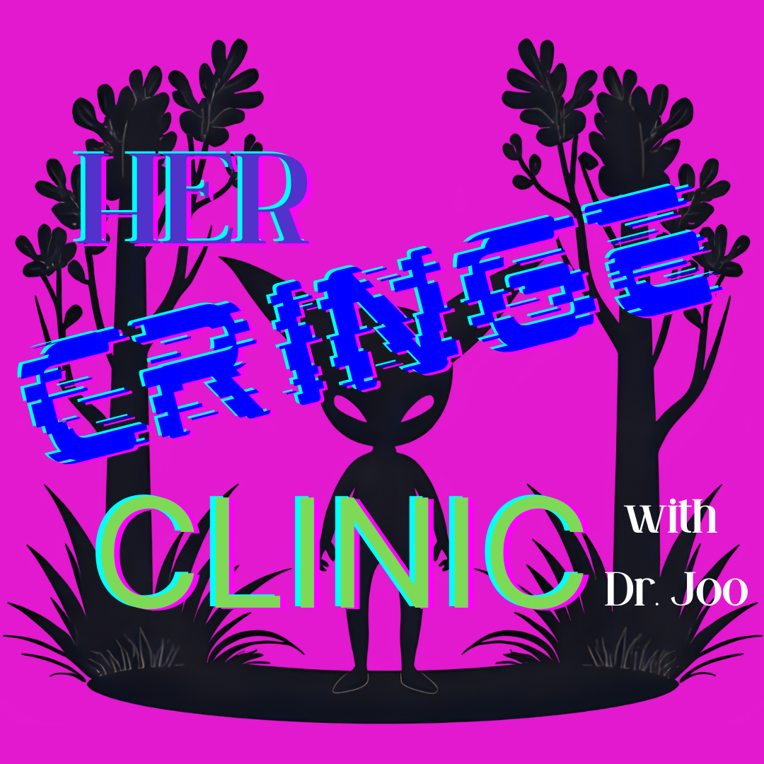 Conceptual image representing psychological insight and the process of self-reflection with a neon-style graphic with a silhouette of an alien standing among trees and grass on a pink background. 무의식의 복잡함과 내면의 성장을 상징하는 추상적인 이미지.