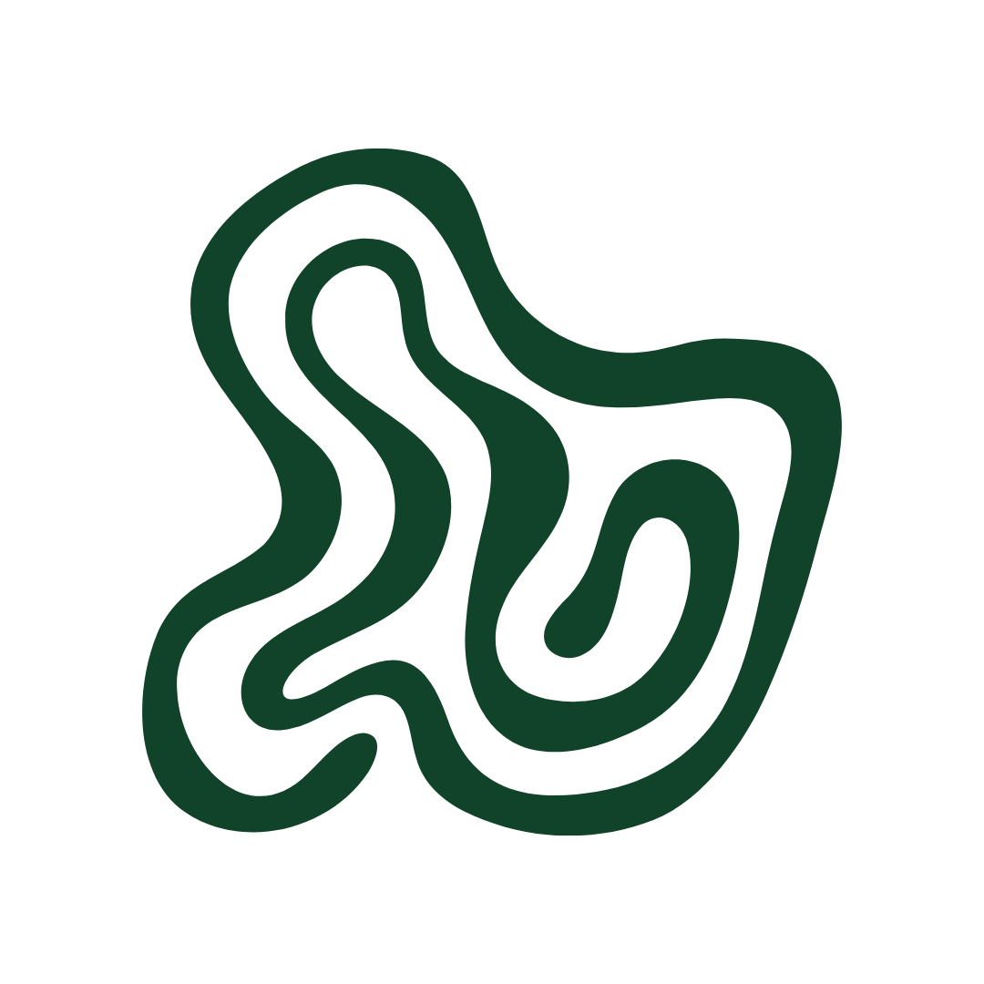 A minimalist abstract illustration of winding dark green lines on a black background.