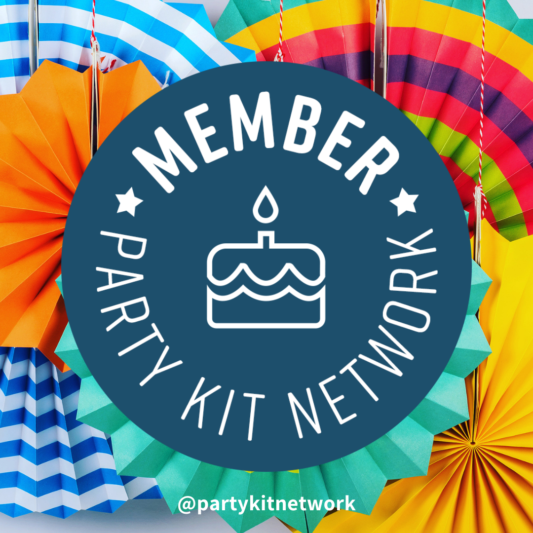 Colorful paper umbrellas with a dark blue circular badge in the center that reads 'Member Party Kit Network' with a birthday cake icon.