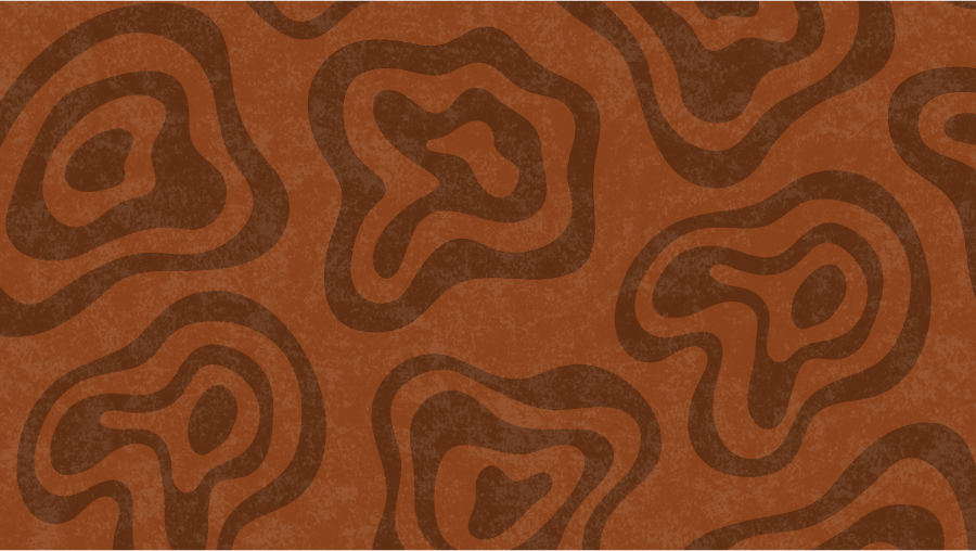 Close-up of a textured surface with a pattern of dark brown irregular shapes on a reddish-brown background.