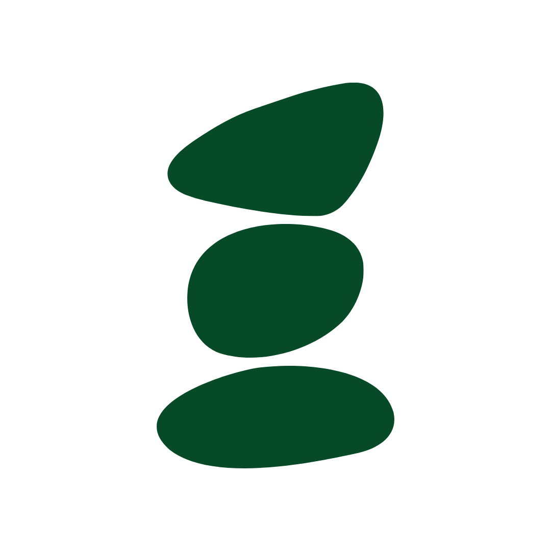 A minimalist illustration of a balanced stack of four green stones on a black background.