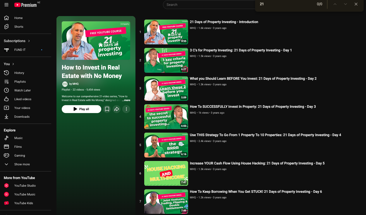 Screenshot of a YouTube playlist page titled 'How to Invest in Real Estate with No Money' by MHQ. The playlist contains 22 videos related to property investing, with video thumbnails, titles, and durations visible.