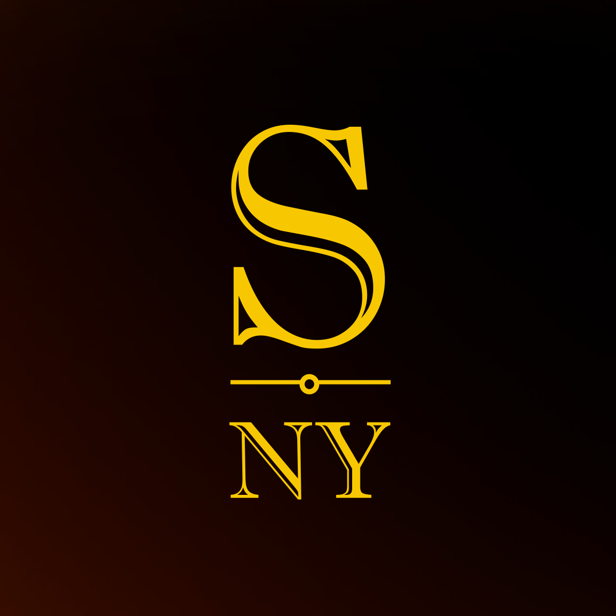 Fondo negro con letras doradas que muestran un gran S y la palabra NY debajo, en un estilo elegante y clásico.