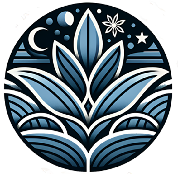 Logo circular con un diseño abstracto de una flor de loto en tonos azules, con estrellas, luna y un elemento en forma de flor en el fondo.