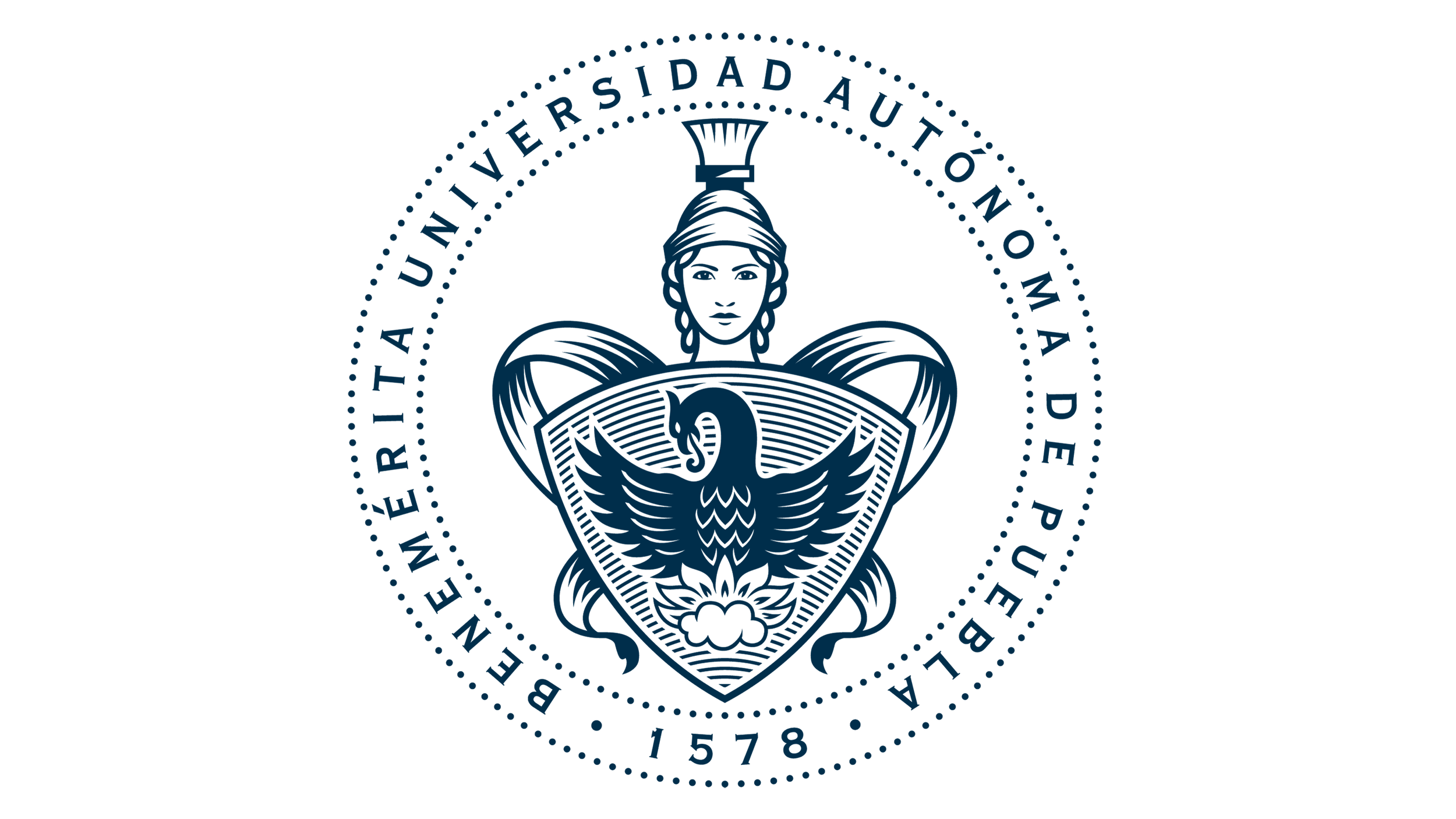 Emblema de la Universidad Autónoma de Baja California con una mujer, un cisne y texto en círculo que dice 'Baja Universidad Autónoma de Baja California 1578'