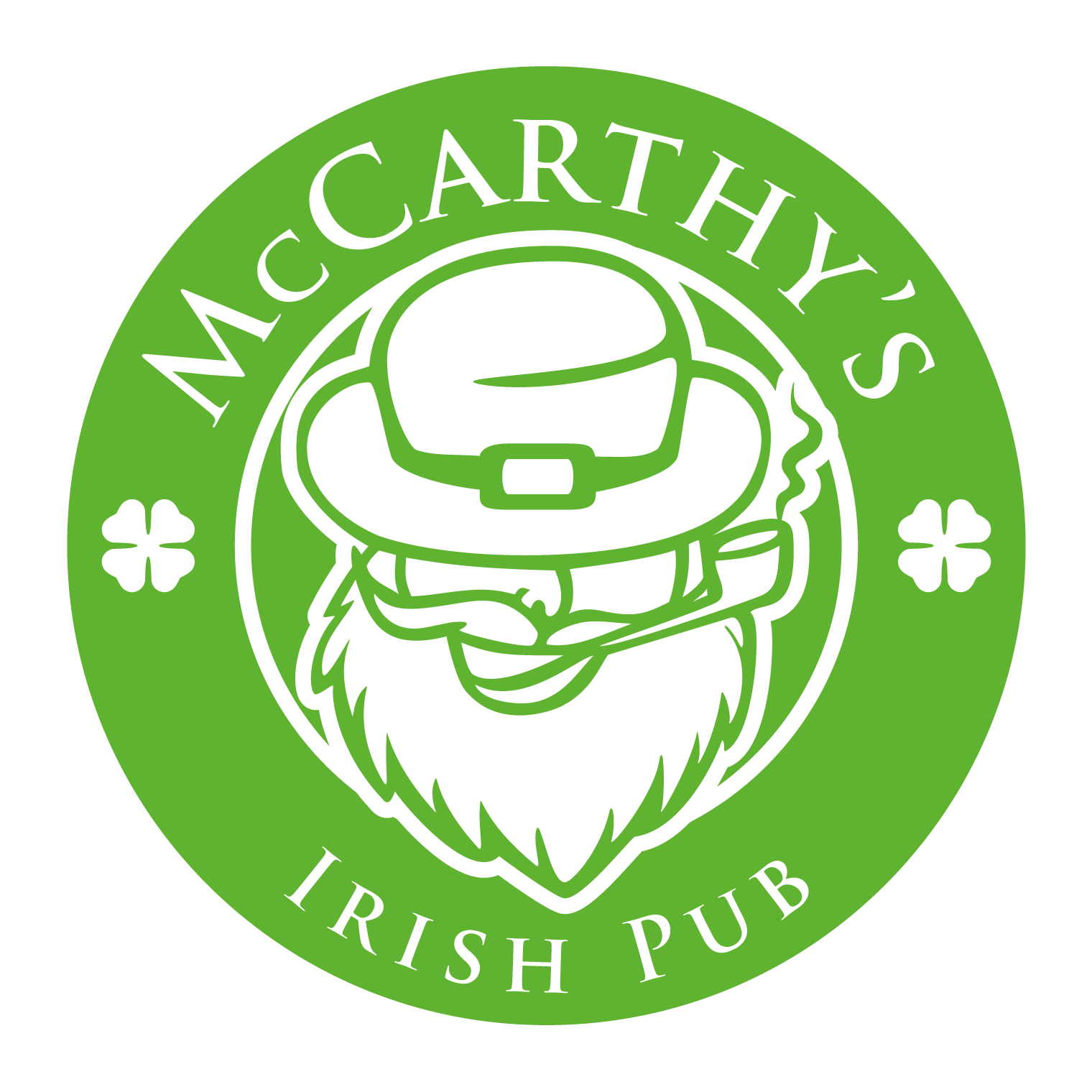 Logotipo de un pub irlandés llamado 'McCarthy's'. Muestra un dibujo de un leprechaun con gafas de protección, barba y sombrero, sosteniendo una taza. Fondo verde con letras en blanco.