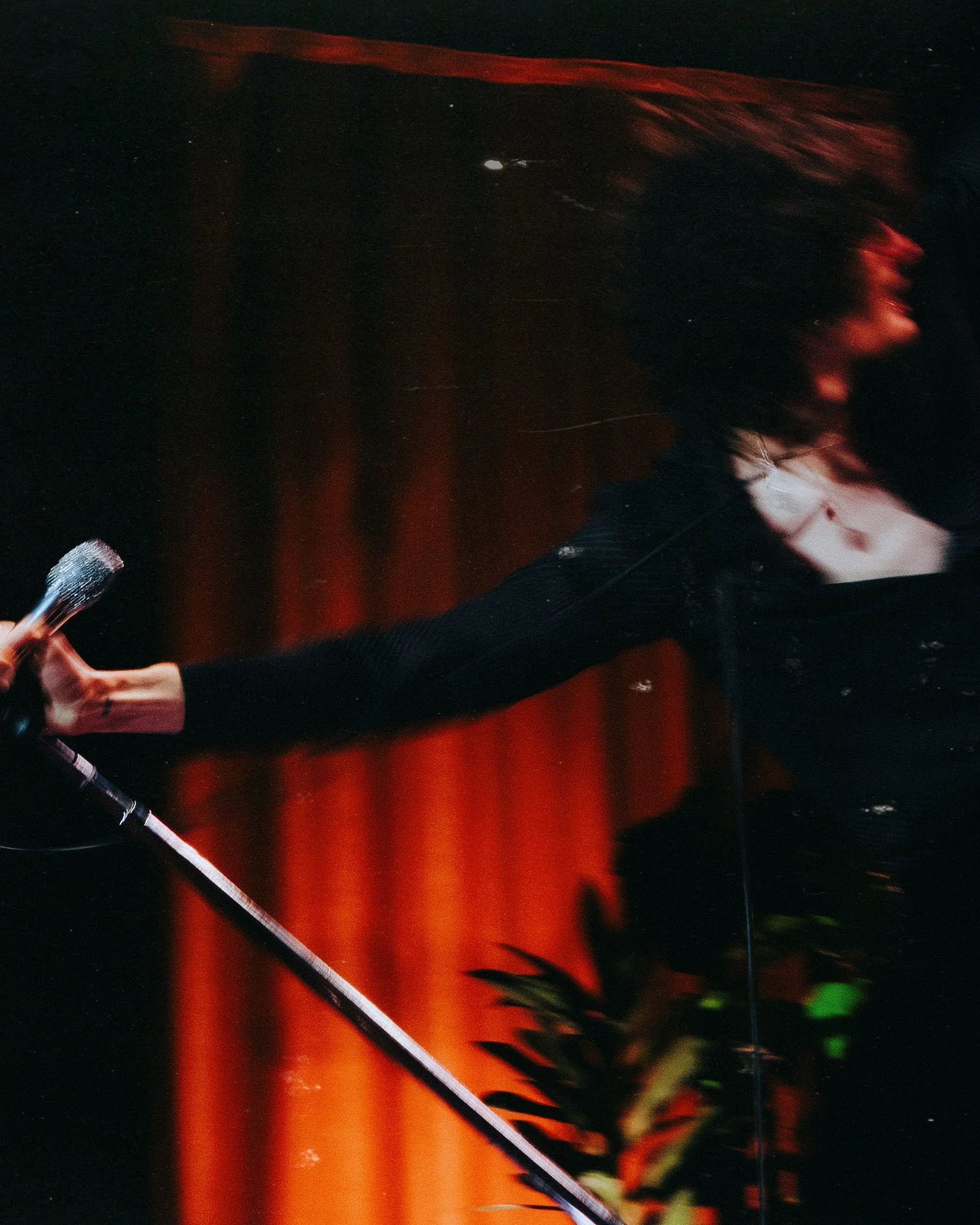 A performer on stage holding a microphone in their left hand, with red stage curtains in the background and a potted plant visible to the right.