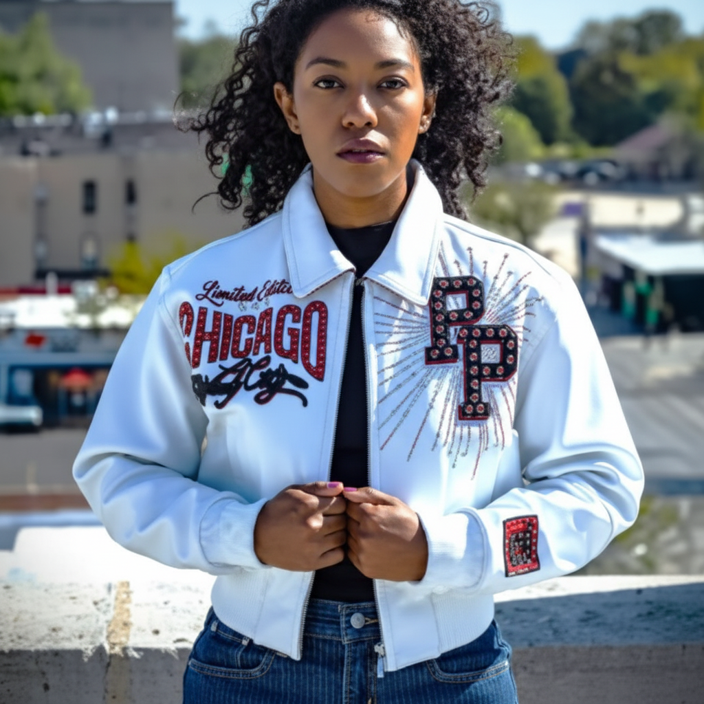 White Bomber Leather stoned out hip hop Jacket