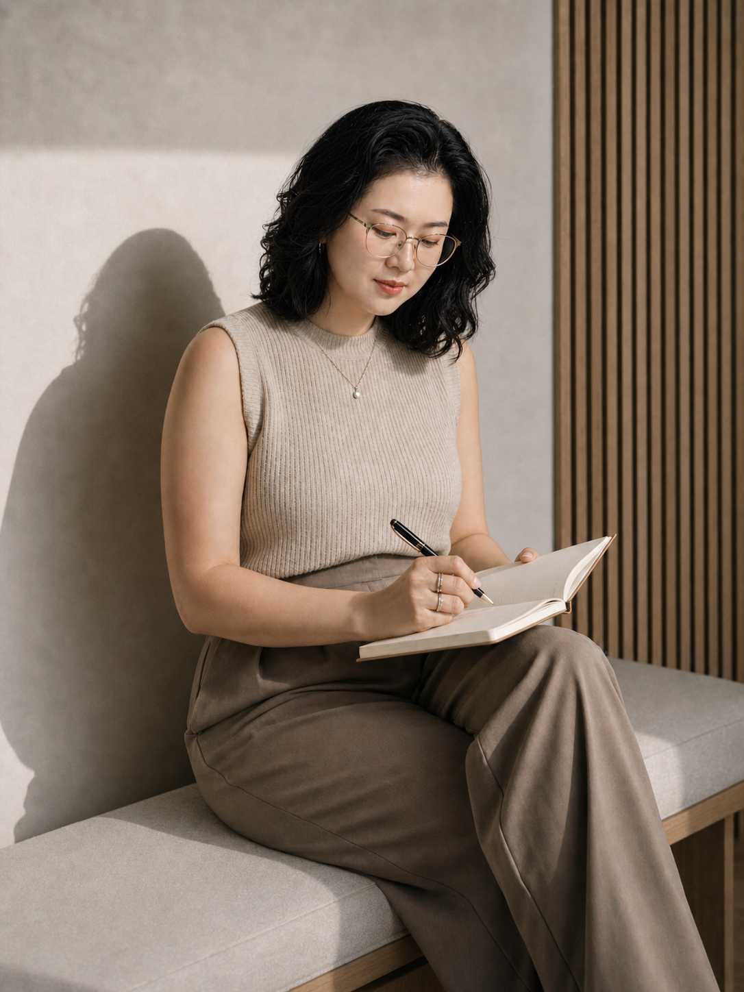 A woman with curly black hair, glasses, and wearing a beige sleeveless top and brown pants, sitting on a bench with a gray cushion, writing in a notebook.