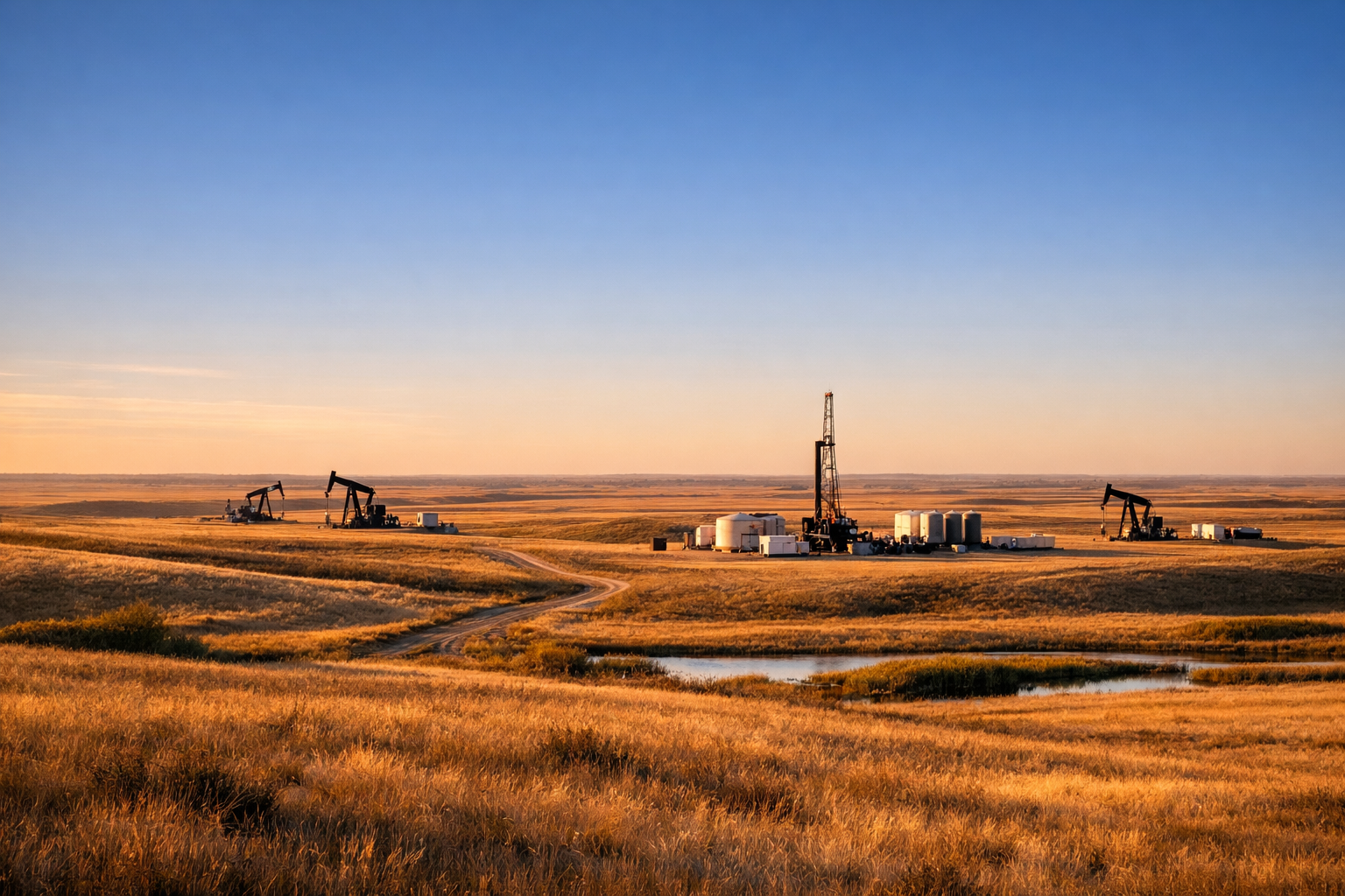 Oil pumps and storage tanks in a vast open landscape at sunset