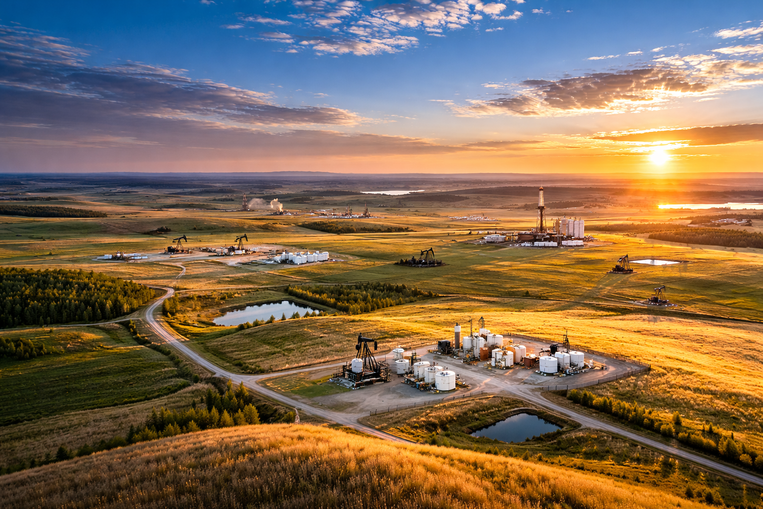 Sunset over an oilfield with drilling rigs, pump jacks, storage tanks, and small ponds, surrounded by green fields and forests.