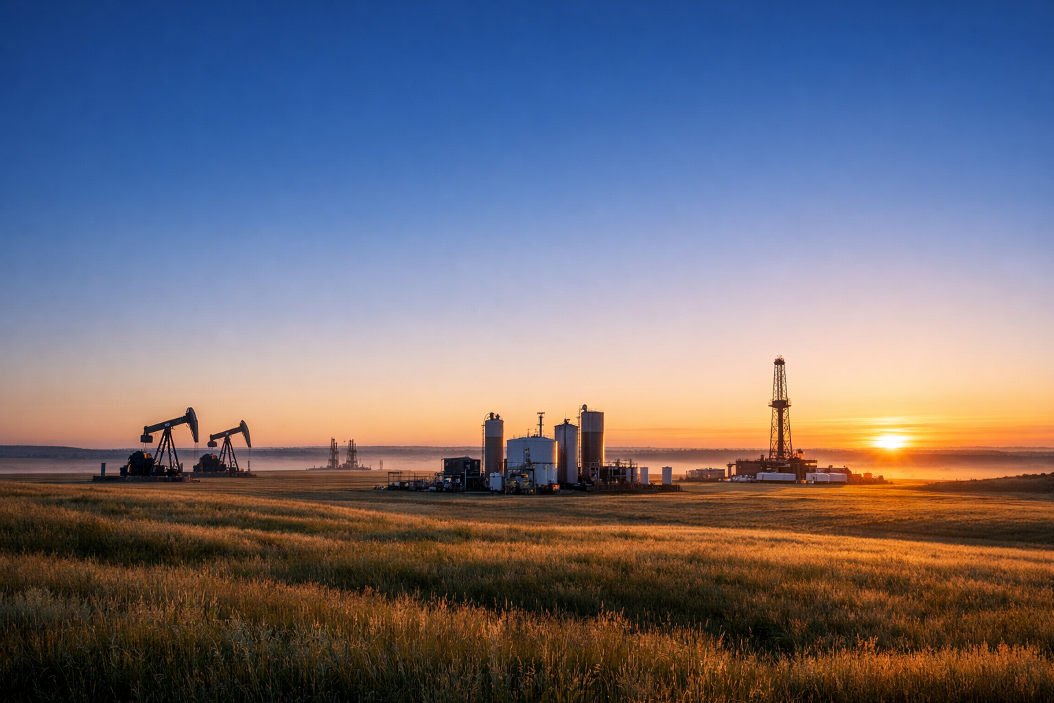 Oil drilling rigs and equipment in a field at sunrise