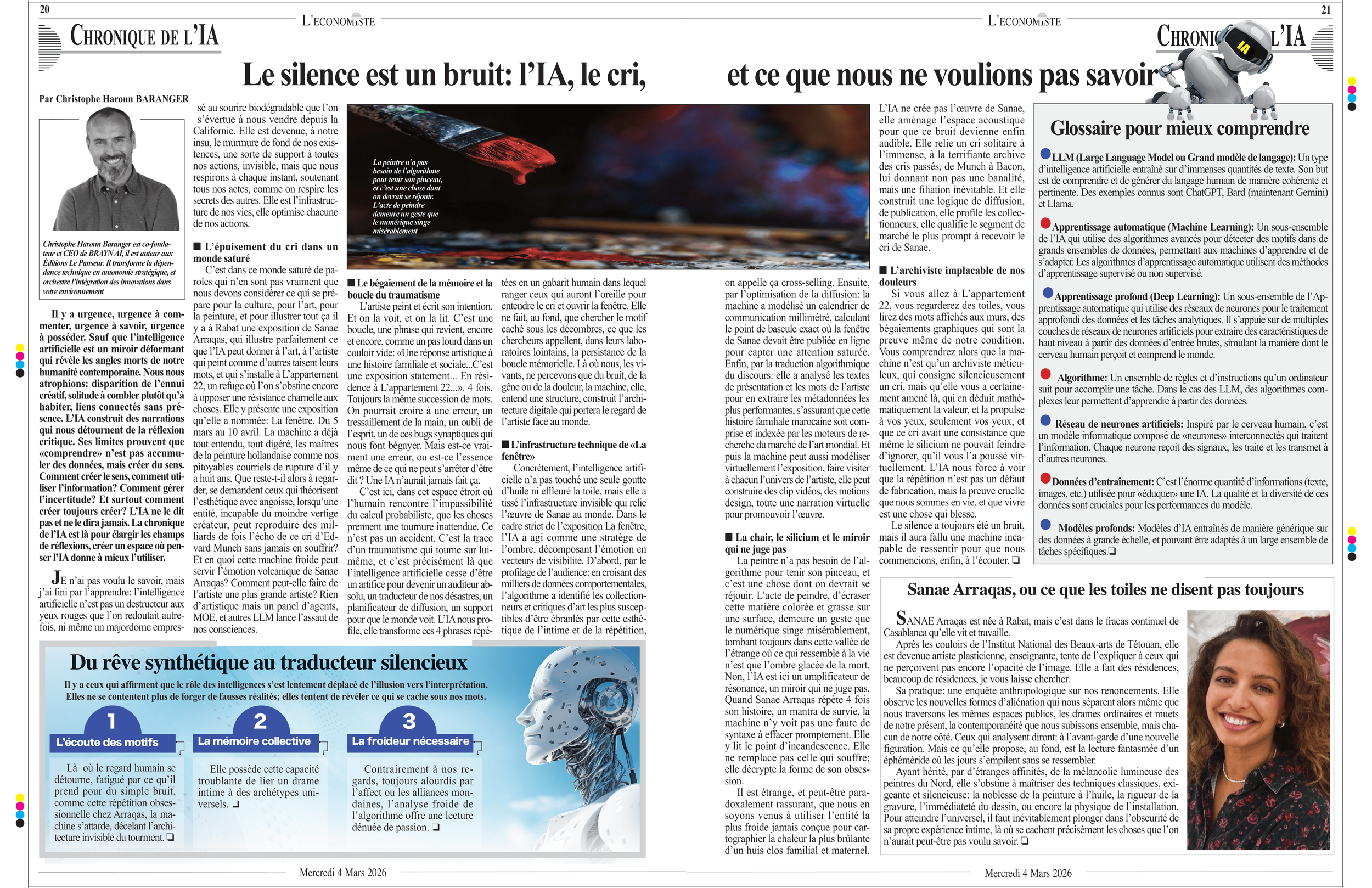 Article de journal en français avec titre « Le silence est un bruit : l’IA, le cri, et ce que nous ne voulions pas savoir ». Contient une photo de Sanae Arraqs, une illustration de robot, et une section intitulée « Glossaire pour mieux comprendre » avec plusieurs définitions techniques. Présence d’un petit robot caricatural en haut à droite.