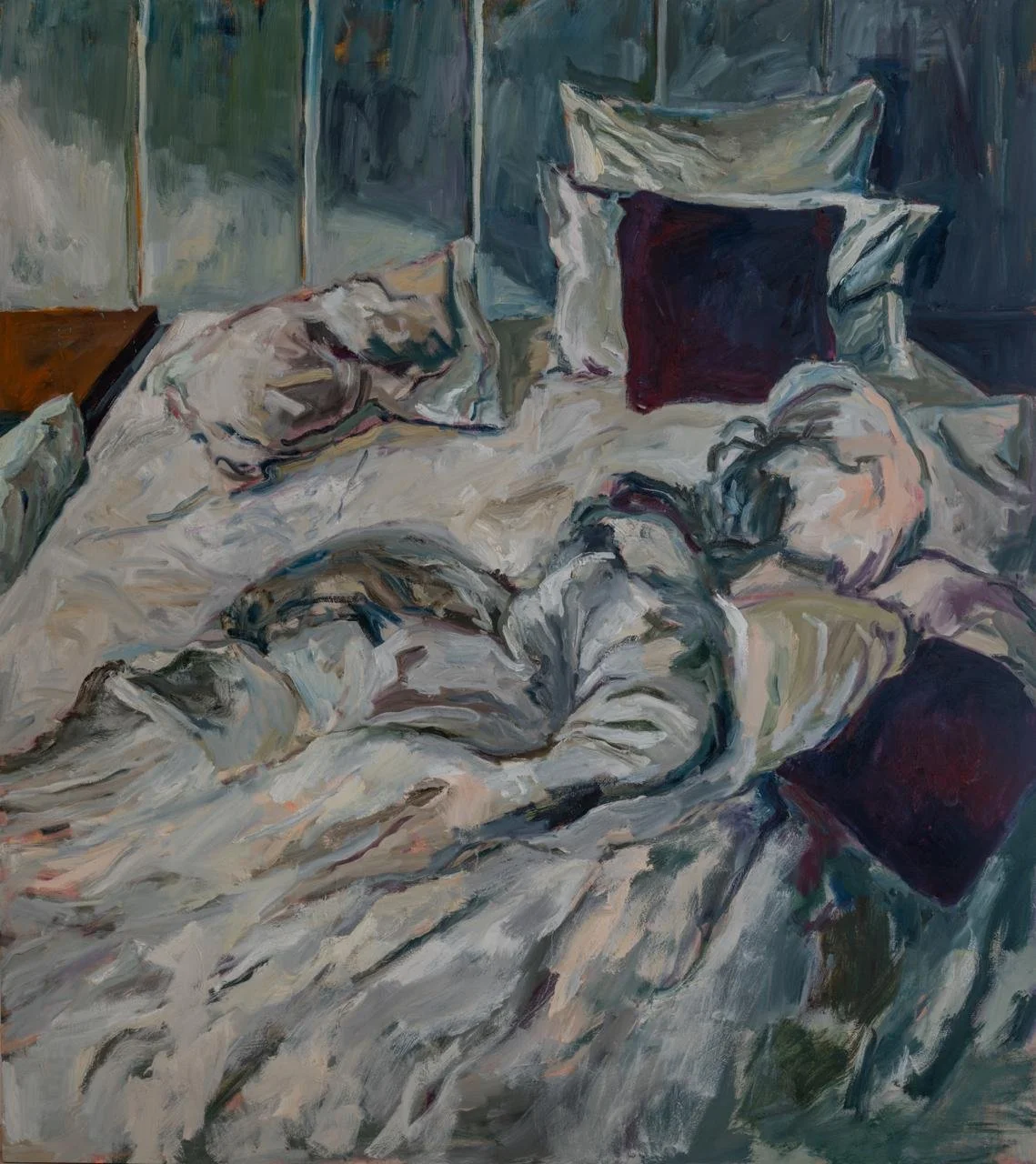Une peinture représentant un lit avec des oreillers, une personne allongée dans le lit, une fenêtre derrière, dans un style impressionniste.